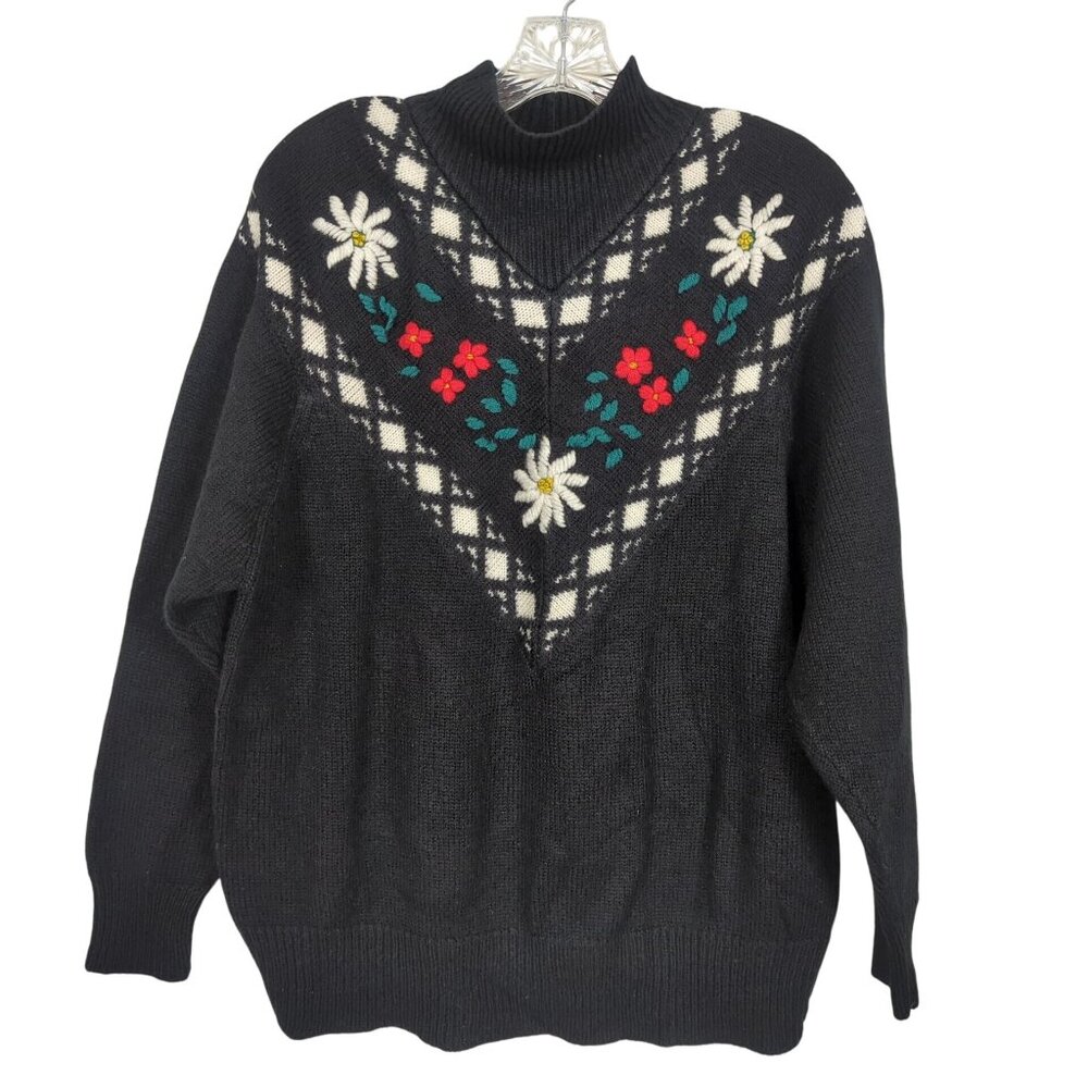 Vintage Honors Misses Sweater Women’s L Black White Floral Embroidered Argyle